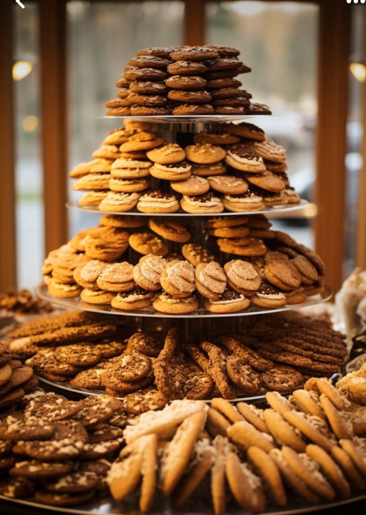 A tiered display filled with assorted cookies
